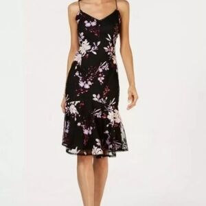 Adrianna Papell Black and Purple Floral Midi Dress
